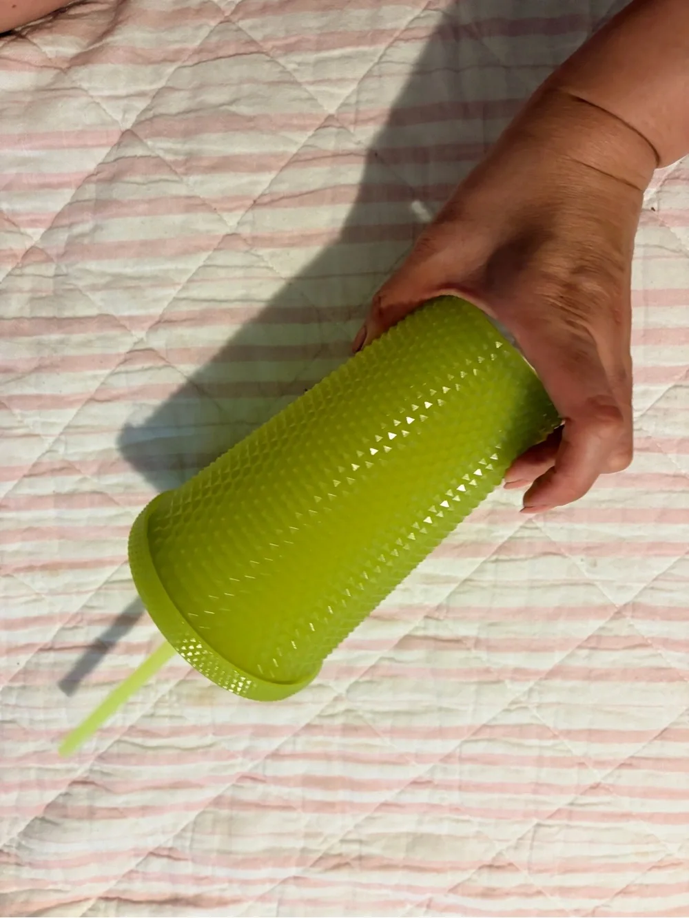 LIKE NEW Starbucks GLOW IN THE DARK Lime Green Studded Tumbler with Straw